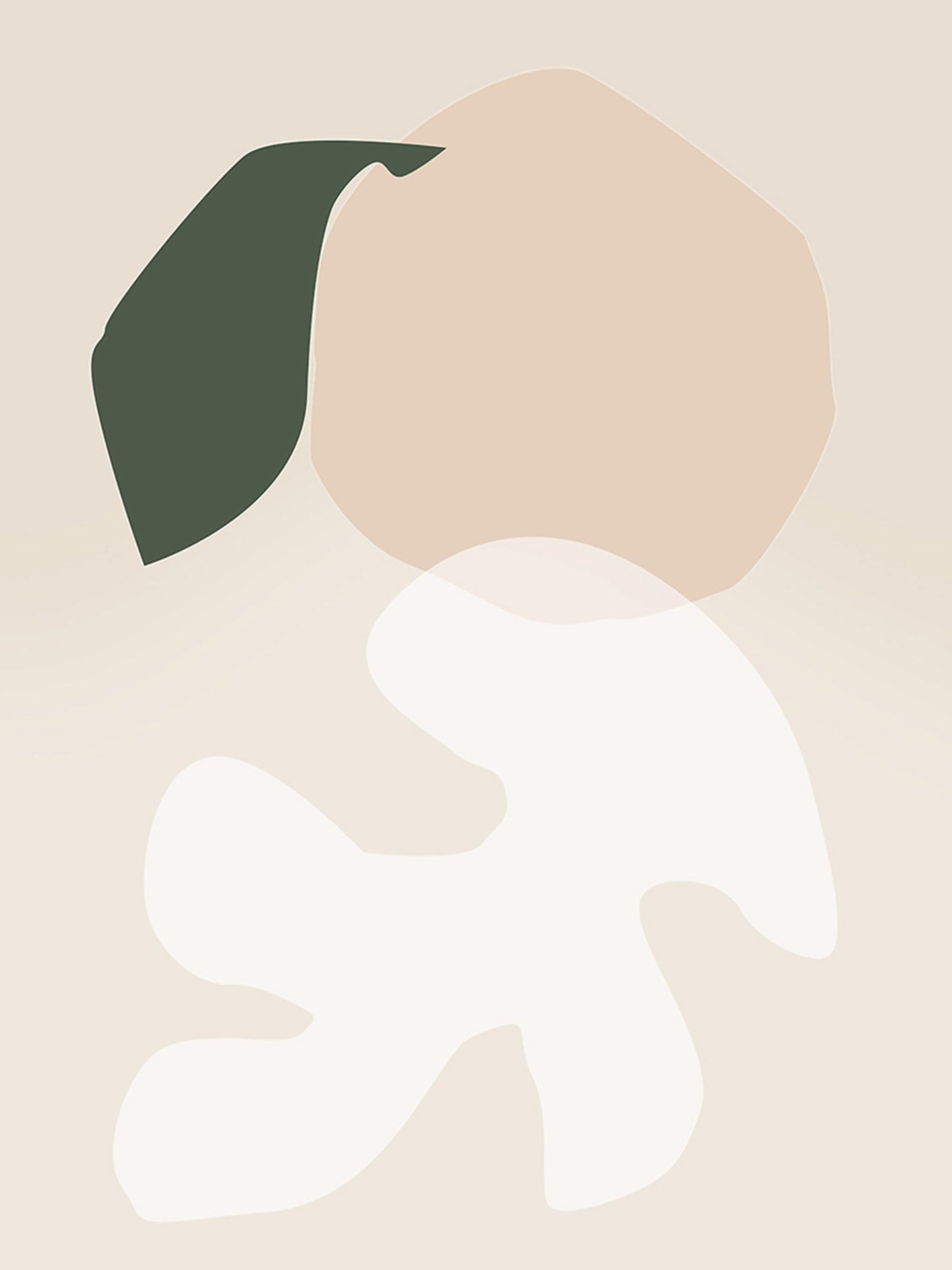 An illustration of a peach and leaf on a beige background.