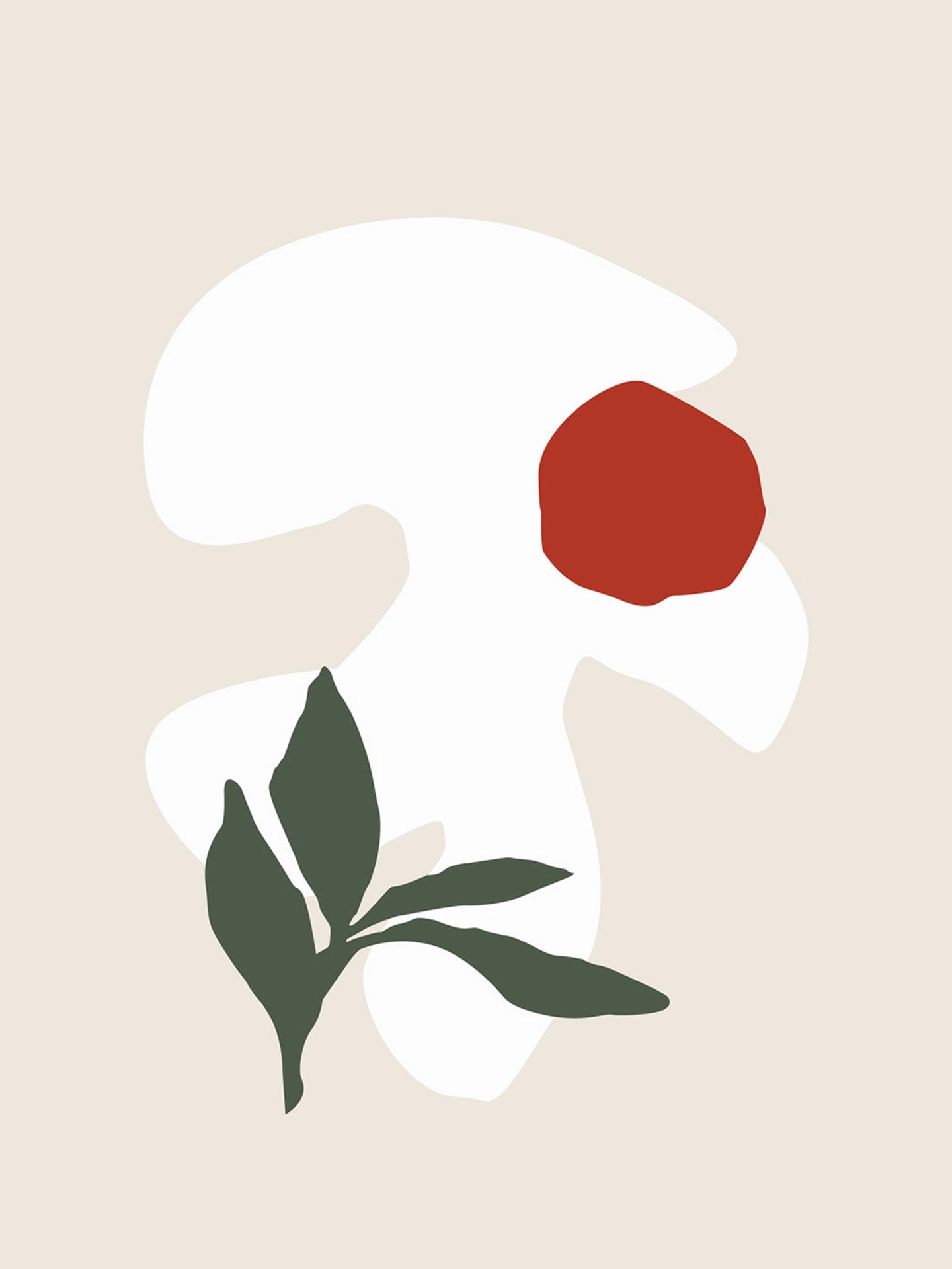 A white flower with a red dot on a beige background.