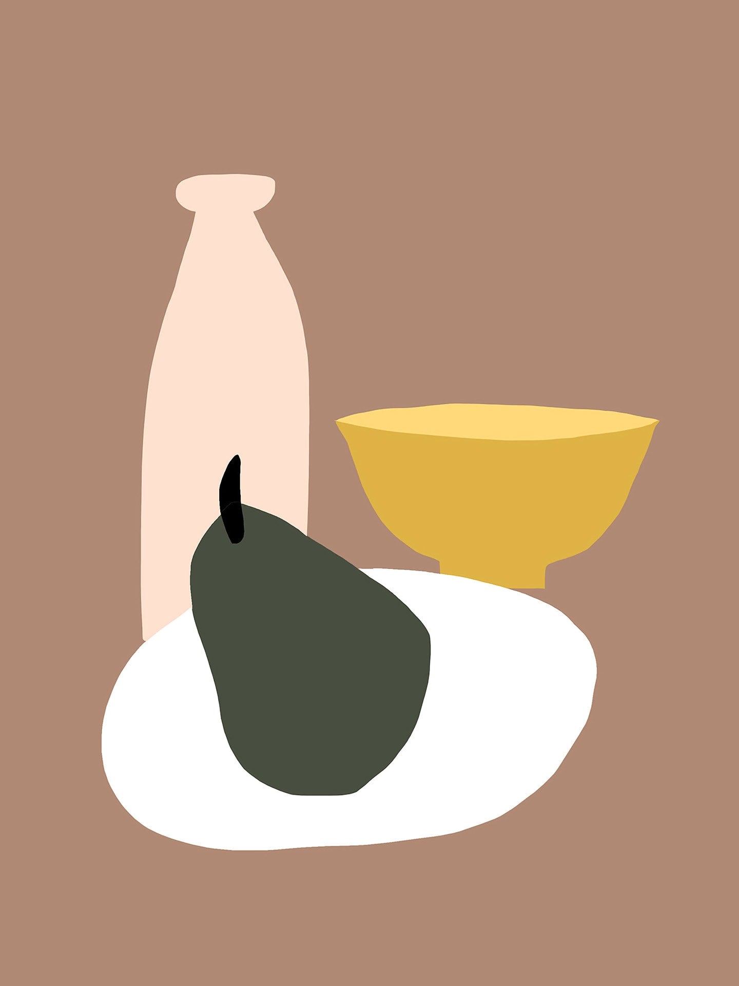 An illustration of a pear, a bowl and a bottle.