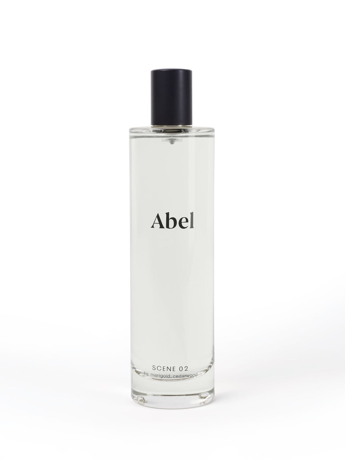 A transparent bottle of Abel Room Spray – Scene 02 ⋅ fig, marigold, cedarwood with a black cap against a white background.