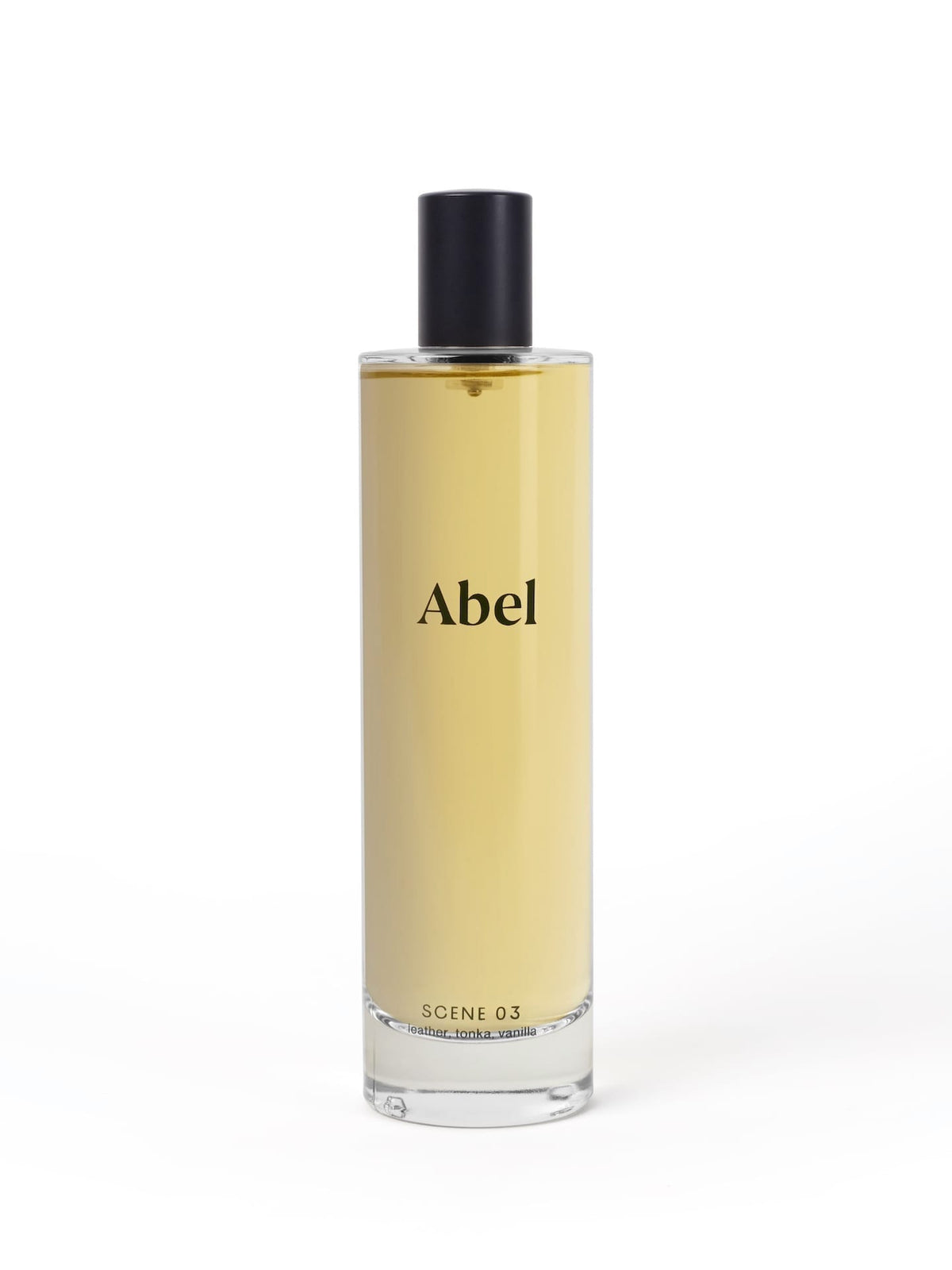 A bottle of Abel Room Spray – Scene 03 ⋅ leather, tonka, vanilla, crafted with natural ingredients, against a white background.