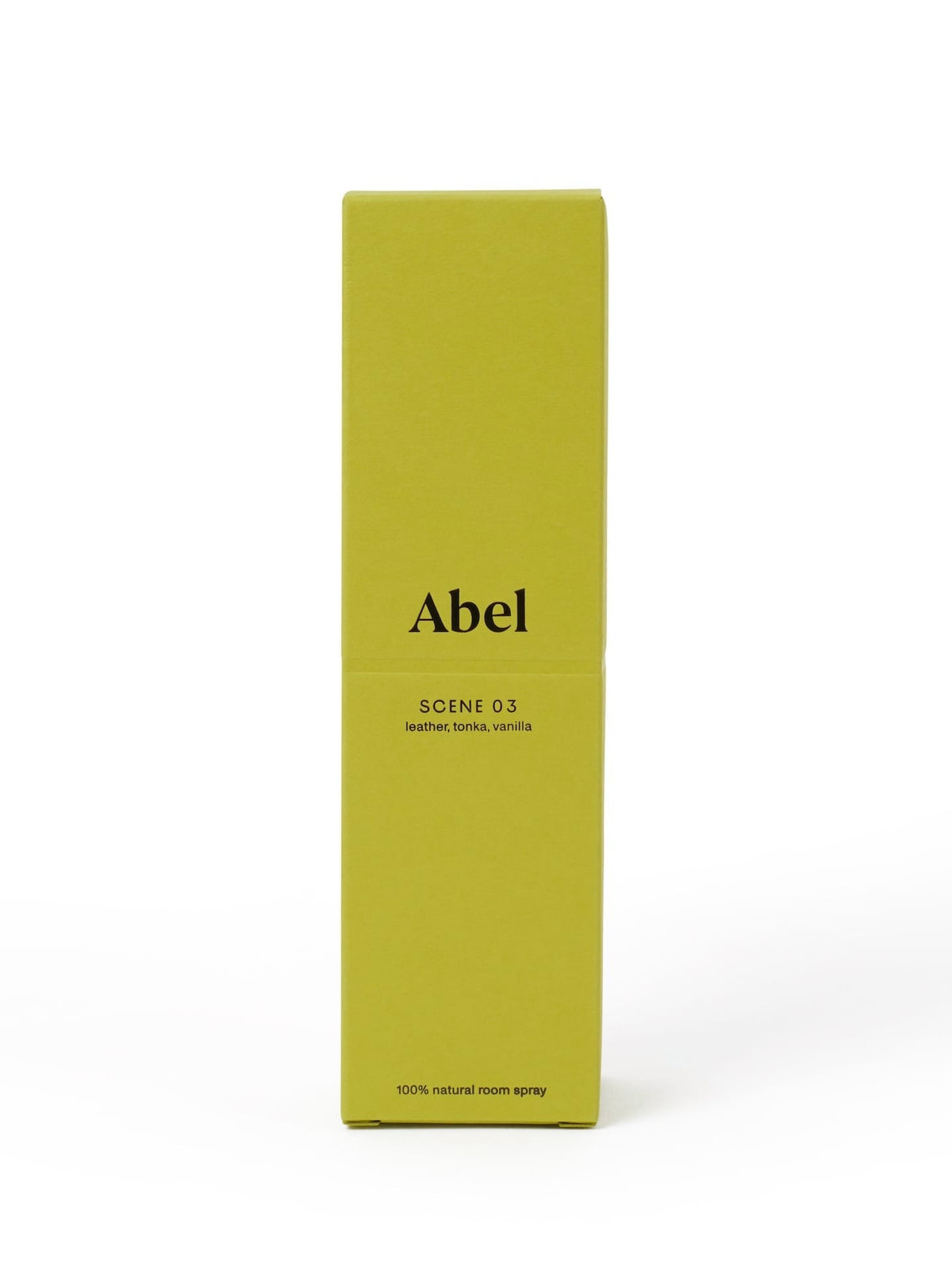 Yellow packaging for Abel brand natural Room Spray – Scene 03 with scent notes of leather, tonka, and vanilla, formulated with elevated scent ritual in mind.