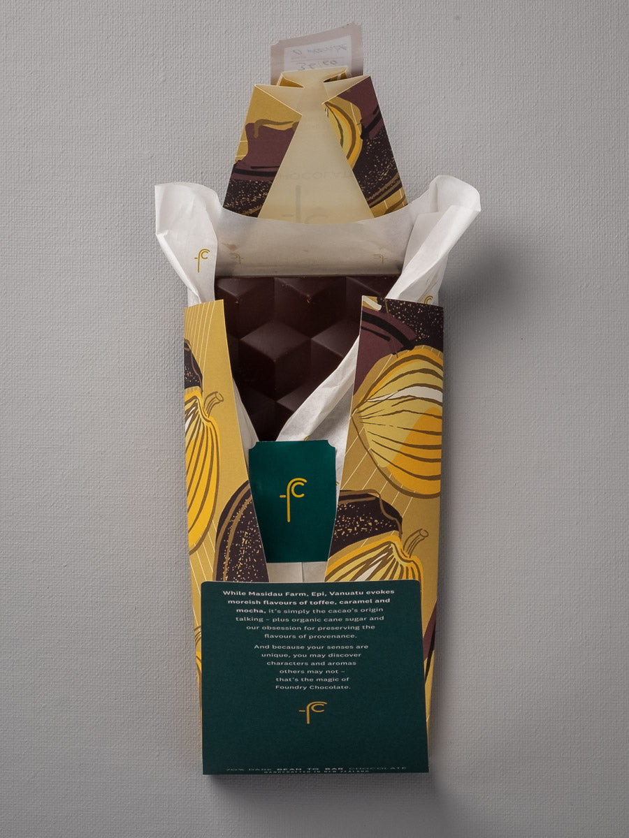A Foundry Chocolate - Masidau Farm, Vanuatu 70% chocolate bar in a box with a label on it.
