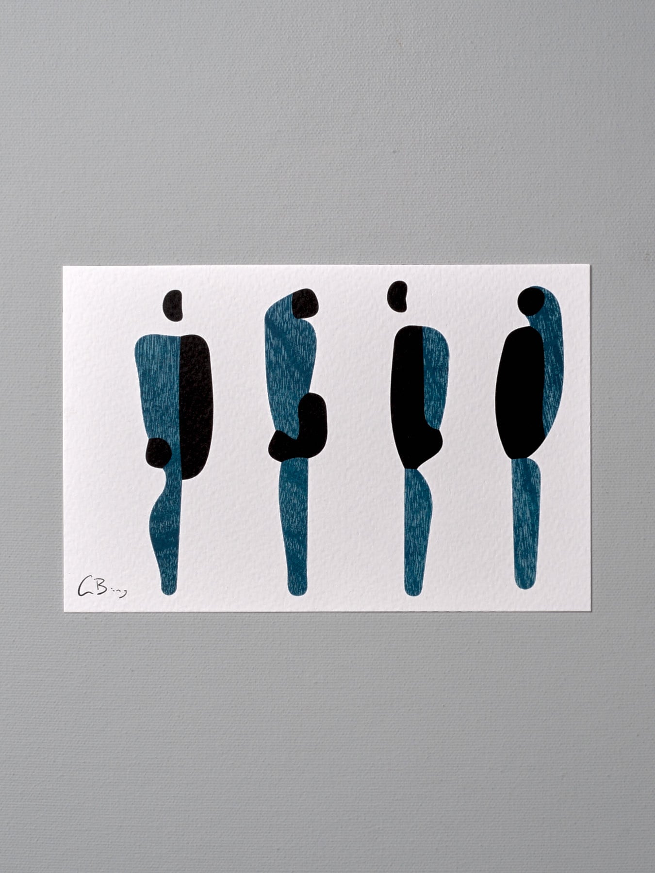 A black and blue postcard print of a group of people standing in front of a gray wall - Gidon Bing.