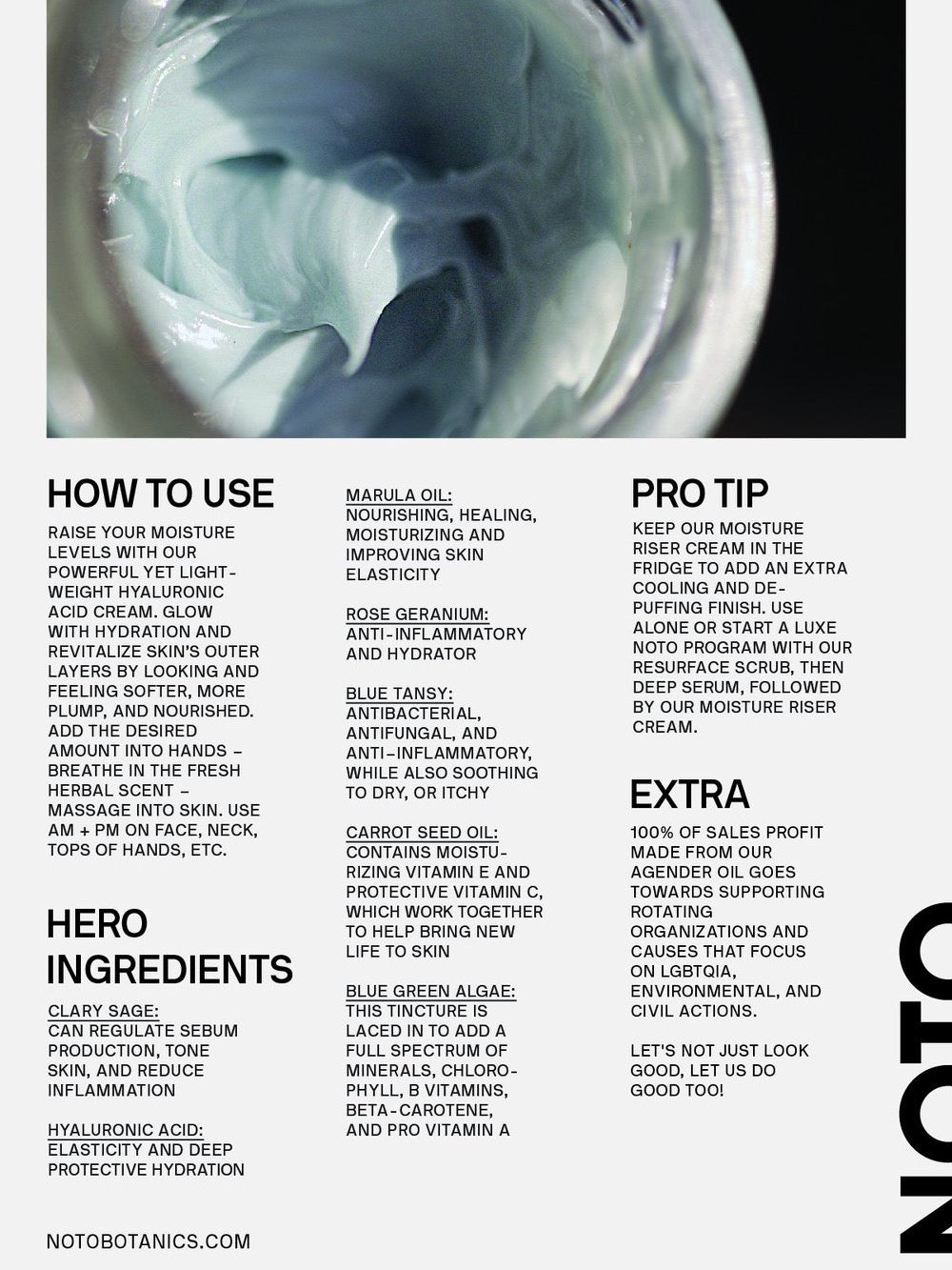 A NOTO poster showing how to use a Moisture Riser Cream.