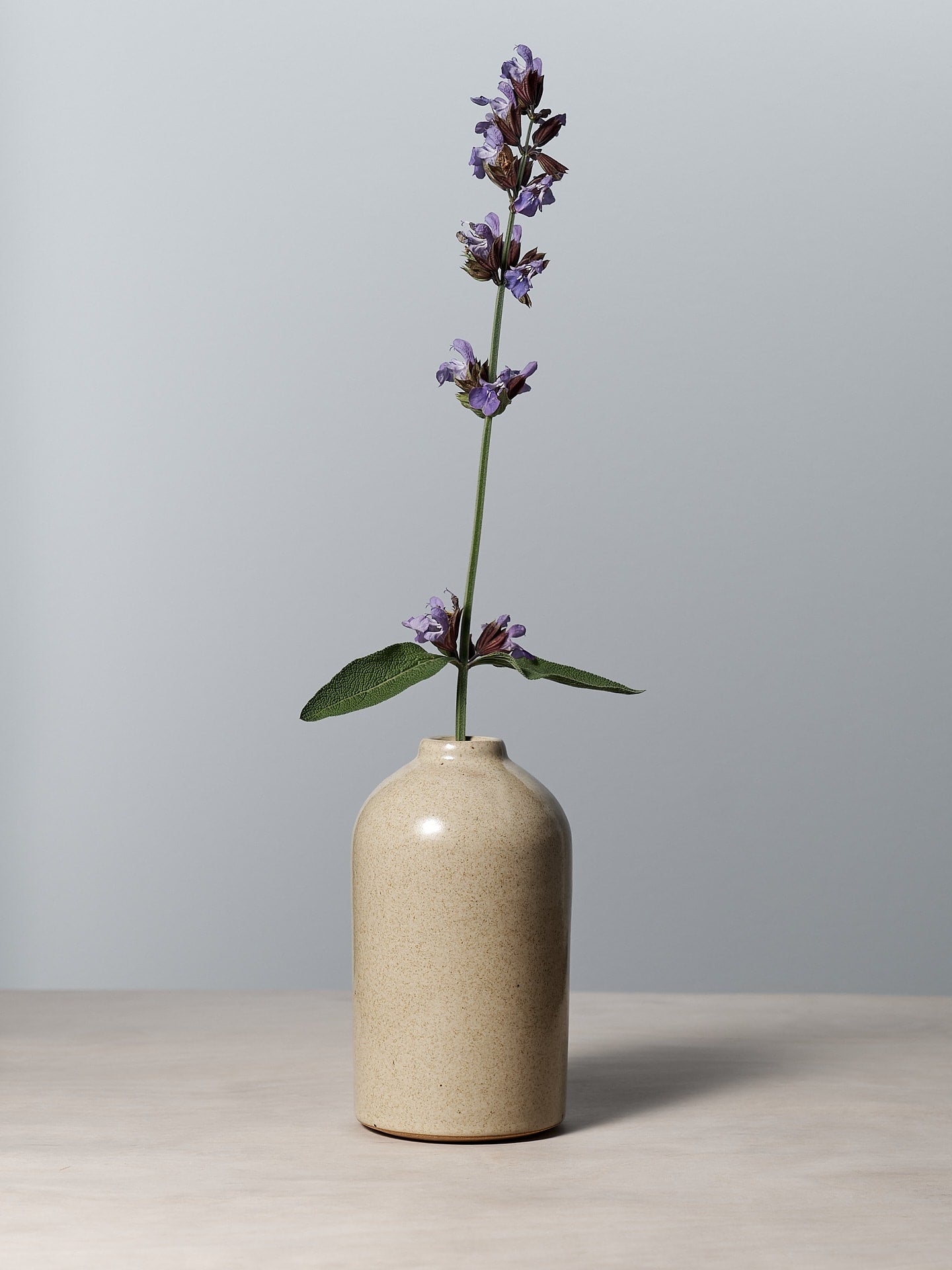 A satin-glazed Medium Bud Vase – Sand with a purple flower in it by Richard Beauchamp.