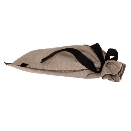 An Iris Hantverk Bread Bag – Linen with a black ribbon on it.