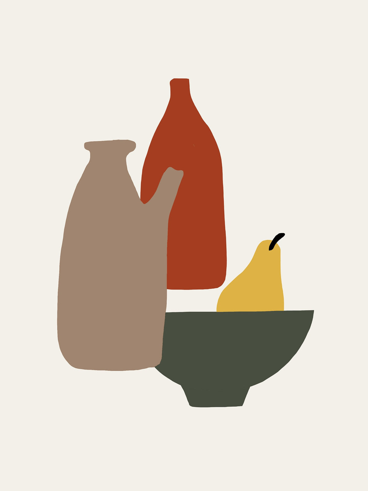 Minimalistic illustration of a brown jug, red bottle, yellow pear, and green bowl arranged together on a plain background.