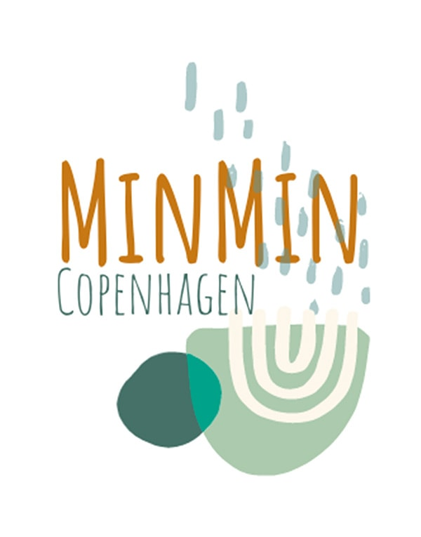 Graphic logo with the text "min min copenhagen," featuring abstract raindrops and a stylized representation of a puddle or pool below.