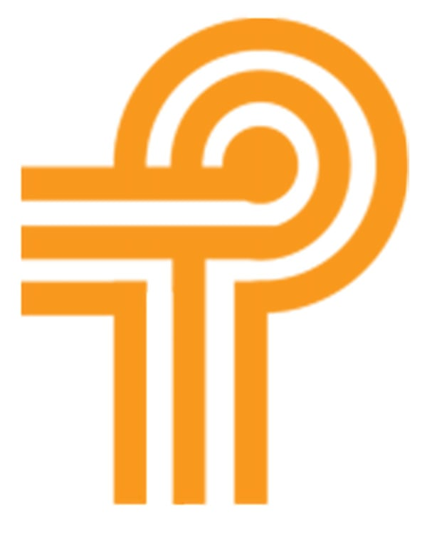 Orange abstract logo with circular and linear elements.