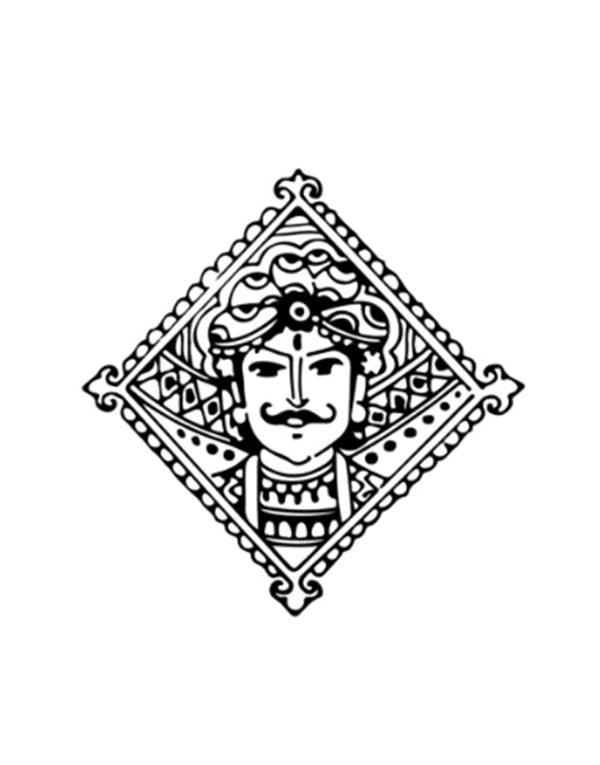Black and white line drawing of a man's face wearing traditional attire and a turban, depicted within a diamond-shaped decorative border.