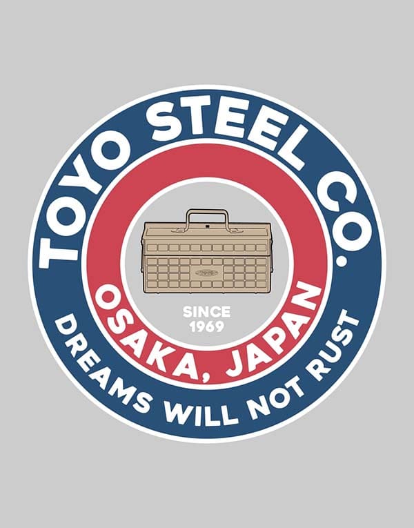 Circular emblem for Toyo Steel Co. featuring a toolbox illustration in the center with 