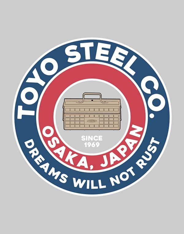 Circular emblem for Toyo Steel Co. featuring a toolbox illustration in the center with "Since 1969" above it. The text "OSAKA, JAPAN" and "DREAMS WILL NOT RUST" encircle the image.