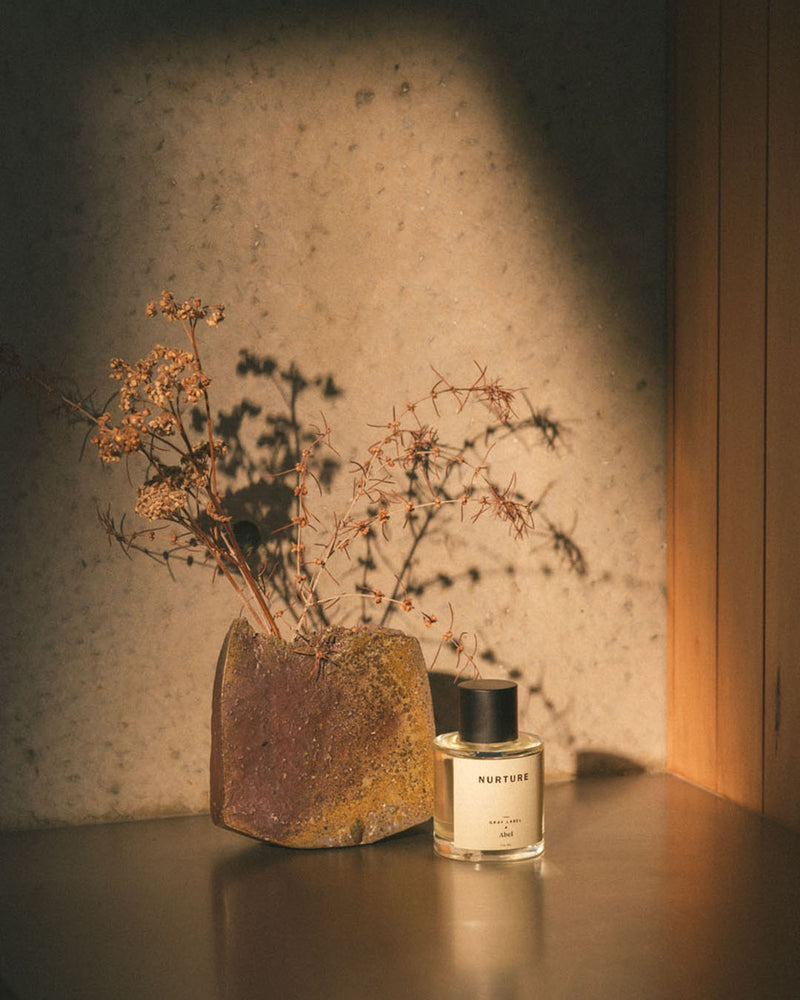 An NURTURE - grey label fragrance bottle sits on a table next to a plant by Abel.