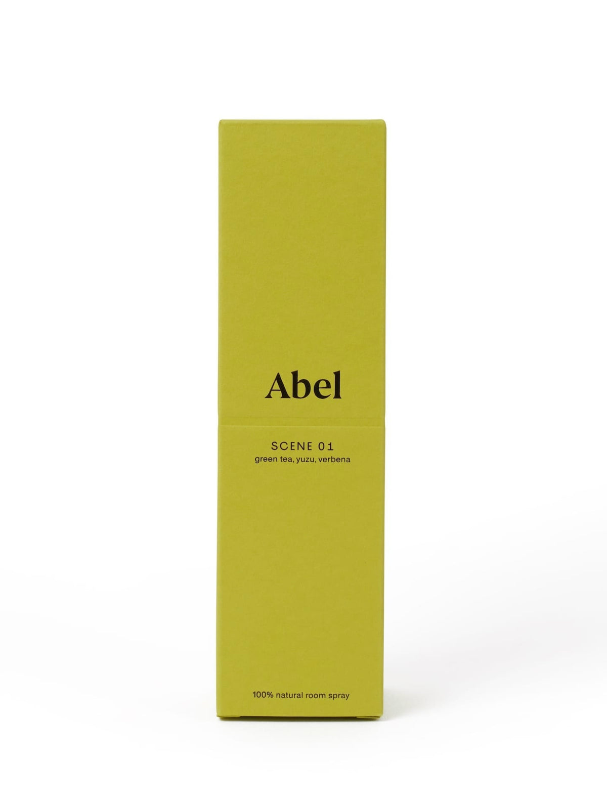 A green packaging box labeled &quot;Abel room spray – Scene 01 ⋅ green tea, yuzu, verbena - 100% natural scent ritual room spray&quot; against a white background.