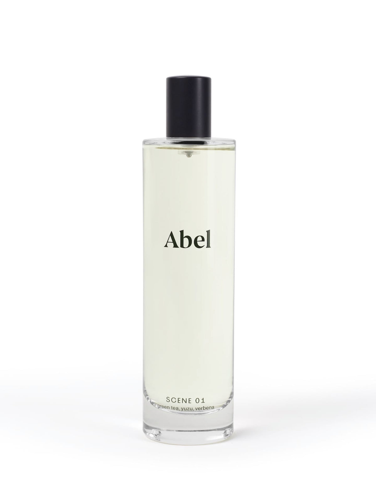 A transparent glass perfume bottle labeled &quot;Abel&quot; containing Room Spray – Scene 01 ⋅ green tea, yuzu, verbena on a white background.