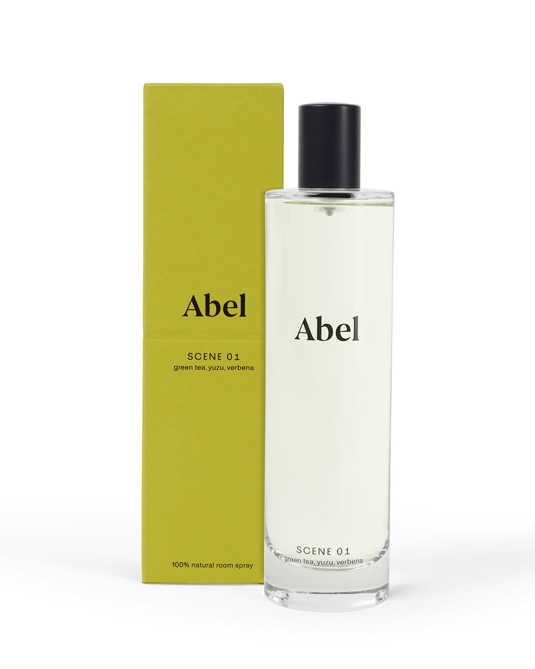 Bottle of Abel Room Spray – Scene 01 ⋅ green tea, yuzu, verbena with a green label alongside its packaging.