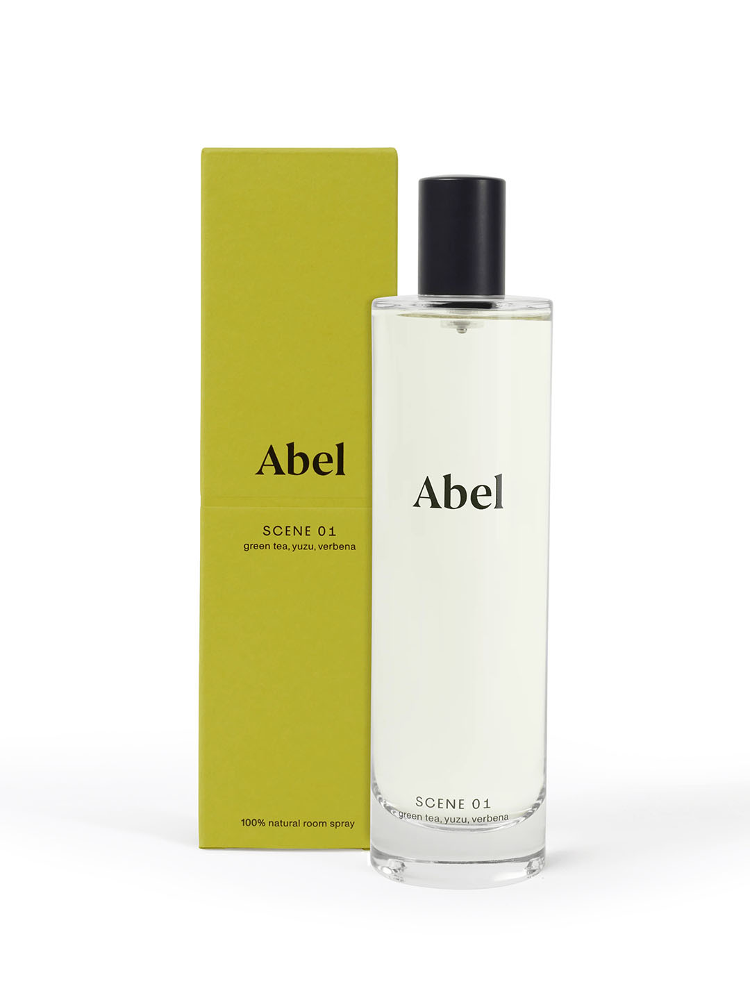 Bottle of Abel Room Spray – Scene 01 ⋅ green tea, yuzu, verbena with a green label alongside its packaging.