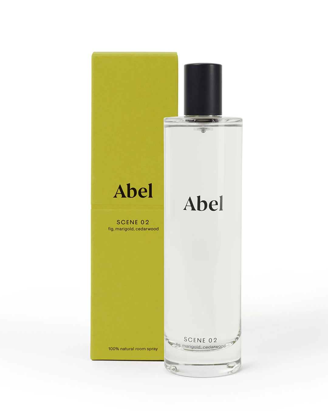 A bottle of Abel Room Spray – Scene 02 ⋅ fig, marigold, cedarwood with its packaging, showcasing a simple and minimalistic design.