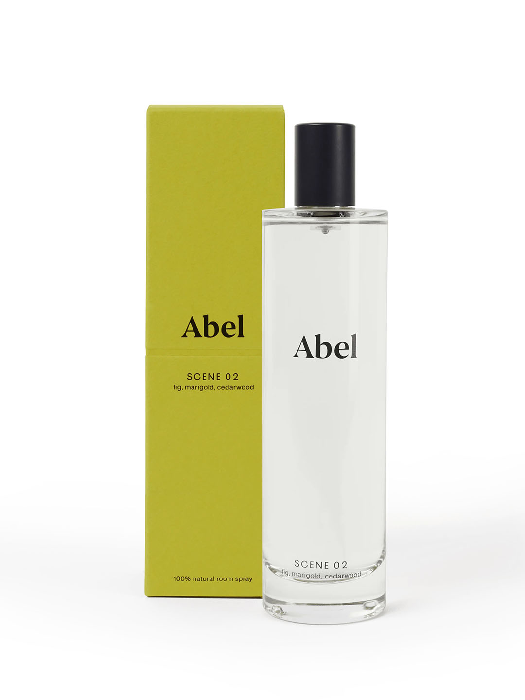 A bottle of Abel Room Spray – Scene 02 ⋅ fig, marigold, cedarwood with its packaging, showcasing a simple and minimalistic design.