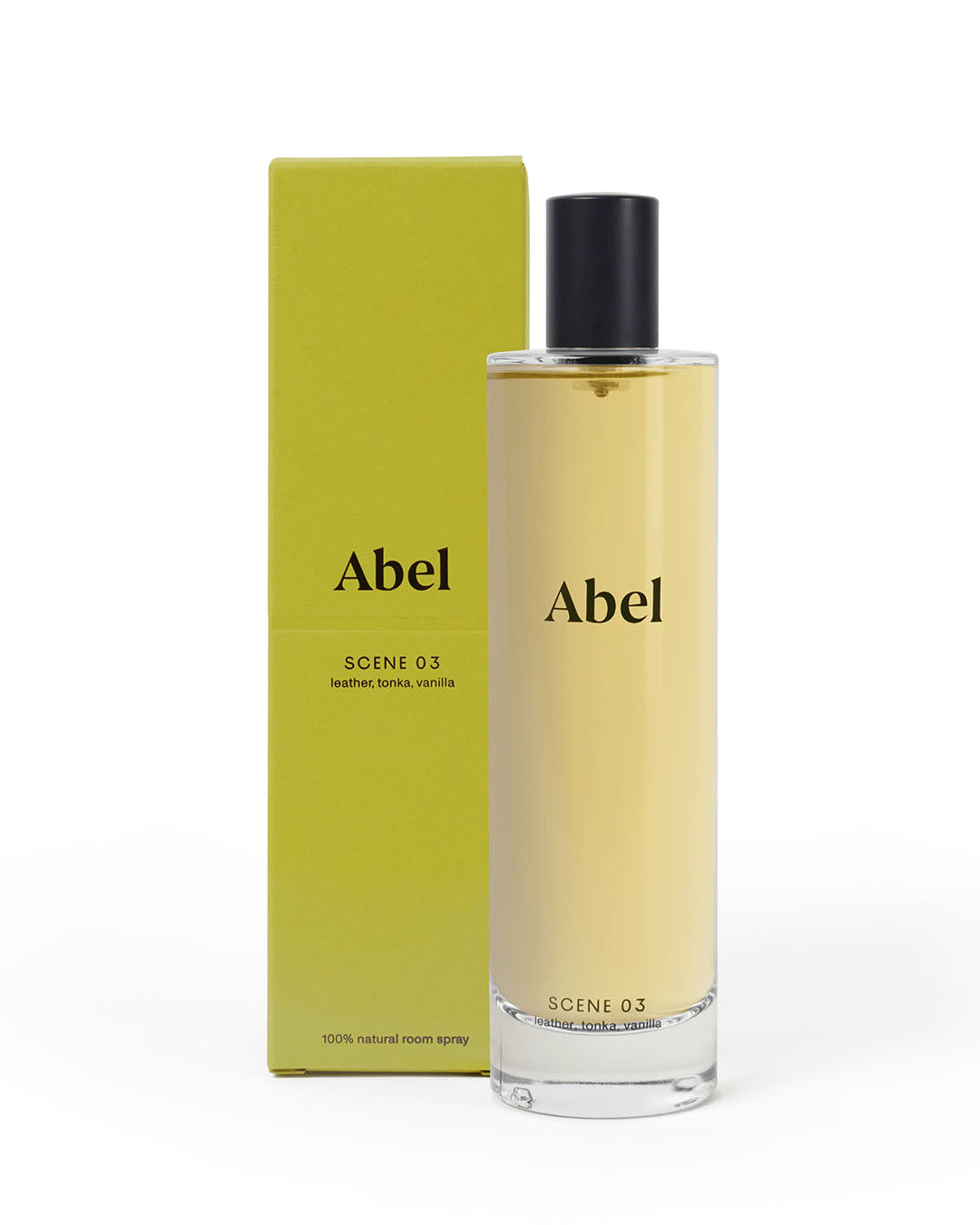 A bottle of Abel Room Spray – Scene 03 with its packaging box, featuring notes of leather, tonka, and vanilla, made with natural ingredients.