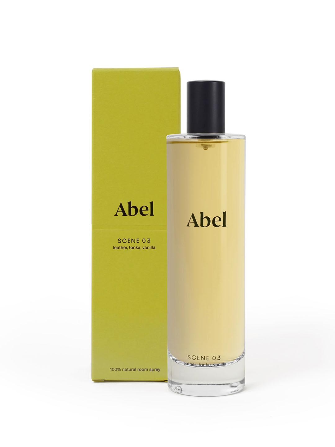 A bottle of Abel Room Spray – Scene 03 with its packaging box, featuring notes of leather, tonka, and vanilla, made with natural ingredients.