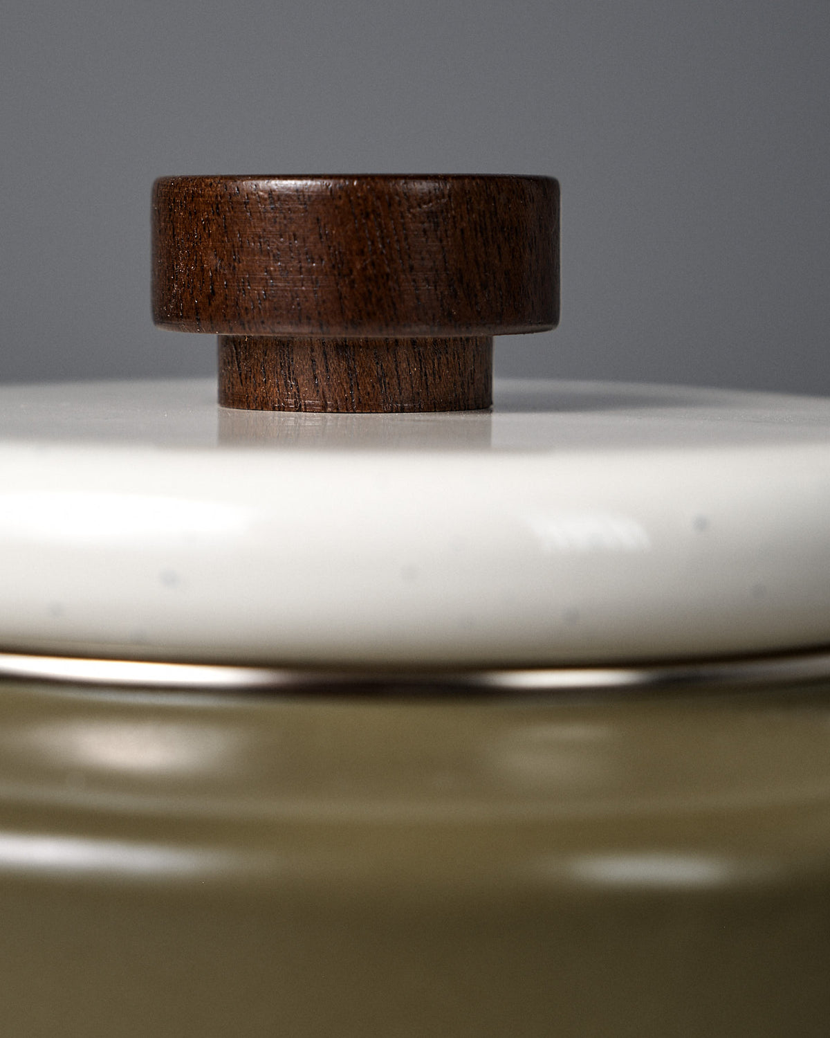 Close-up of the Enamel Two-Tone Kettle – Olive Drab, vintage-inspired with a white lid and a round dark walnut handle on top, resembling a ceramic pot.