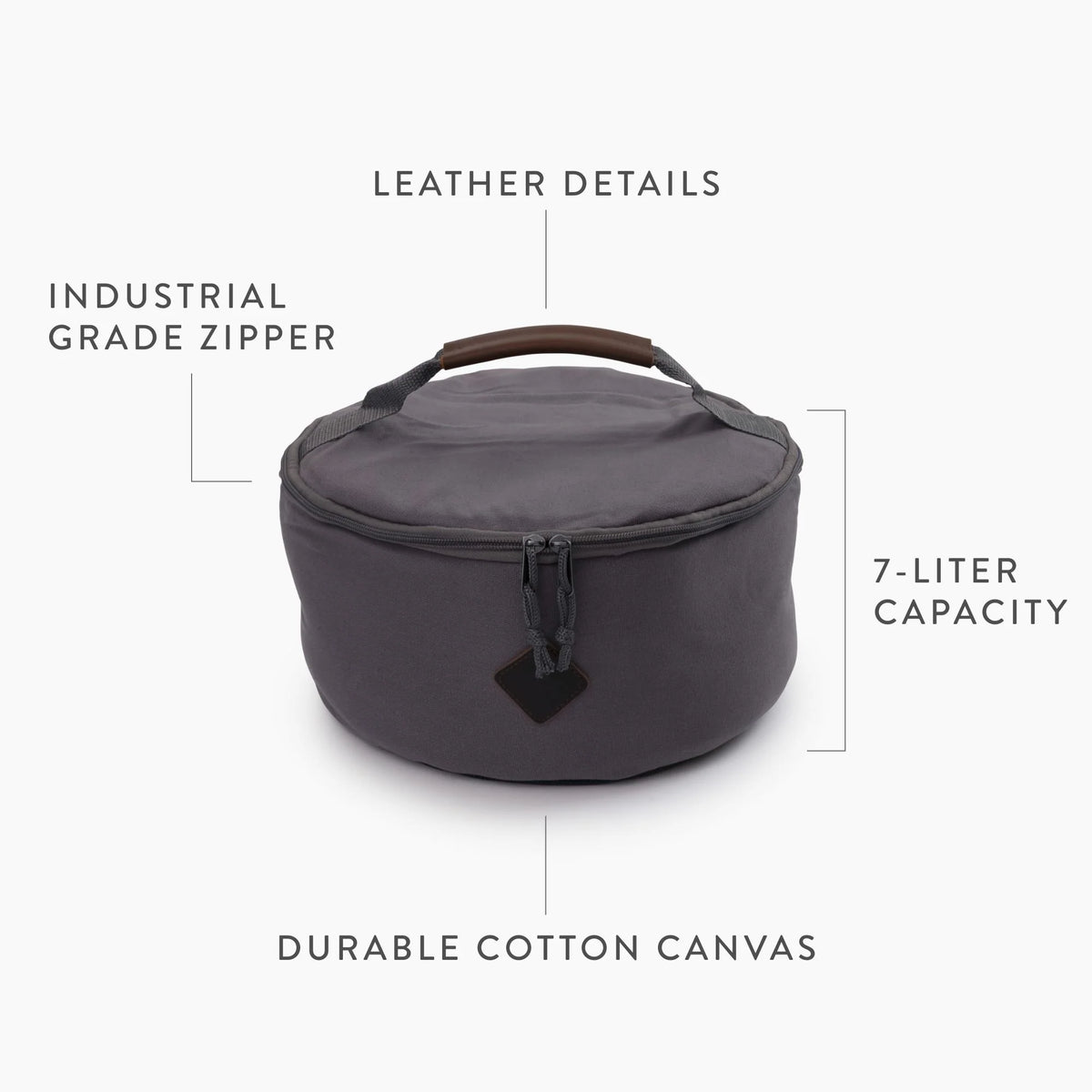 The Barebones Padded Utility Storage Bag features a round gray design with leather handle, industrial-grade zipper, durable cotton canvas, and 7L capacity—ideal for storing Barebones enamelware.