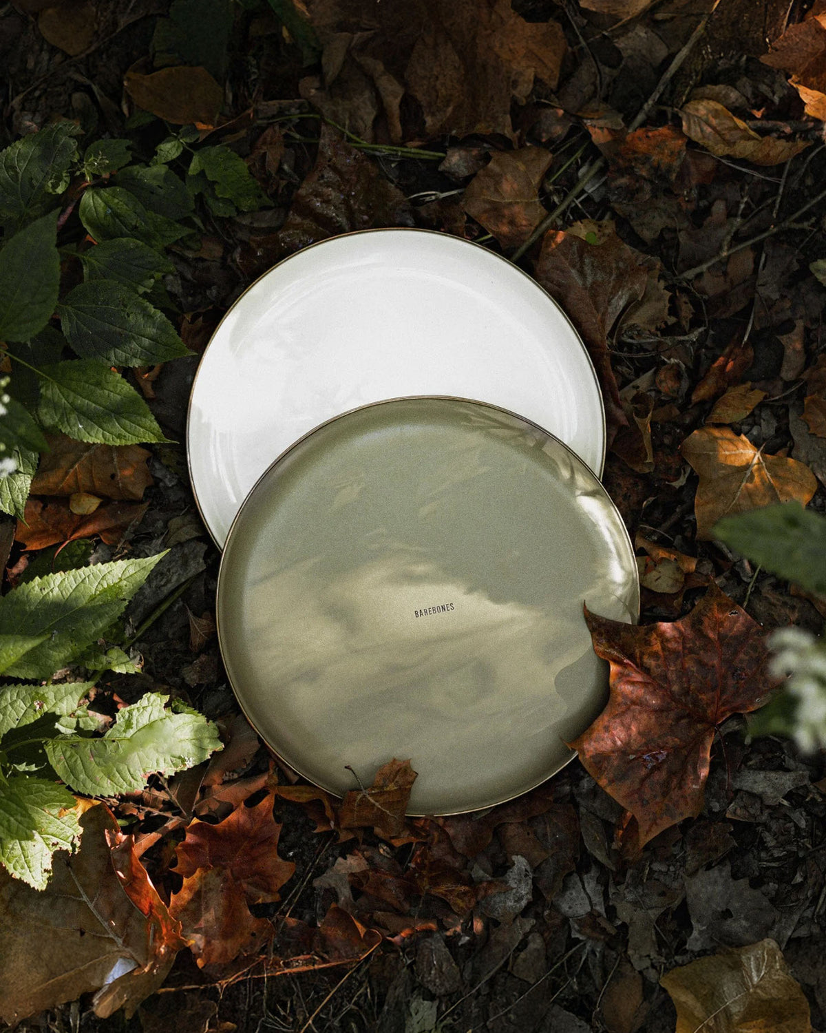 The Enamel Two-Tone Deep Plates in Olive Drab, from Barebones, are nestled on fallen brown leaves amid lush greenery, offering a vintage-inspired aesthetic that captivates the eye.