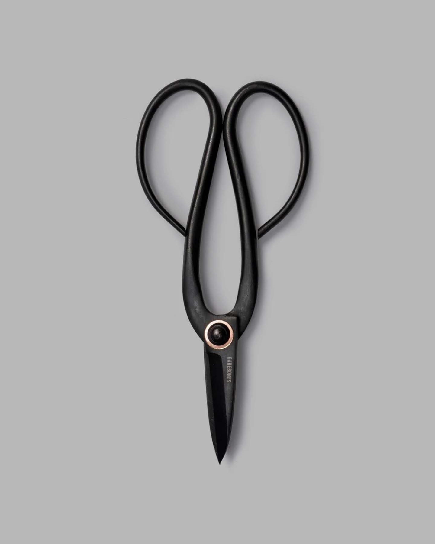 Barebones Artisan Pruning Shears featuring large, symmetrical black handles on a gray background, ideal for all your horticultural needs.