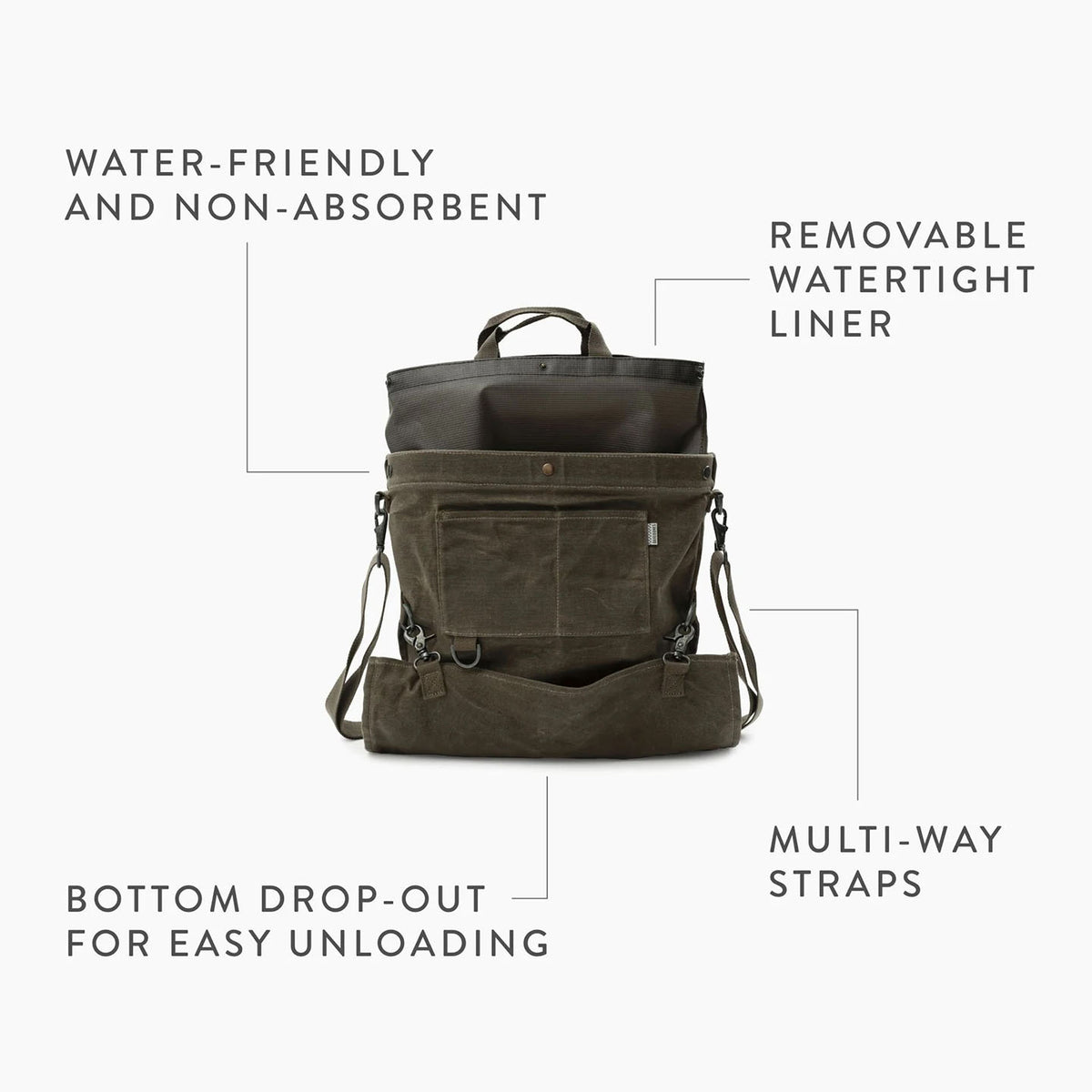 The Gathering Bag – Khaki by Barebones is a multifunctional bag made from paraffin waxed canvas, showcasing labels that highlight its vintage orchard design. It is water-friendly and comes with a detachable watertight liner. Additionally, it features straps that can be adjusted in multiple ways and includes a bottom drop-out for easy unloading.