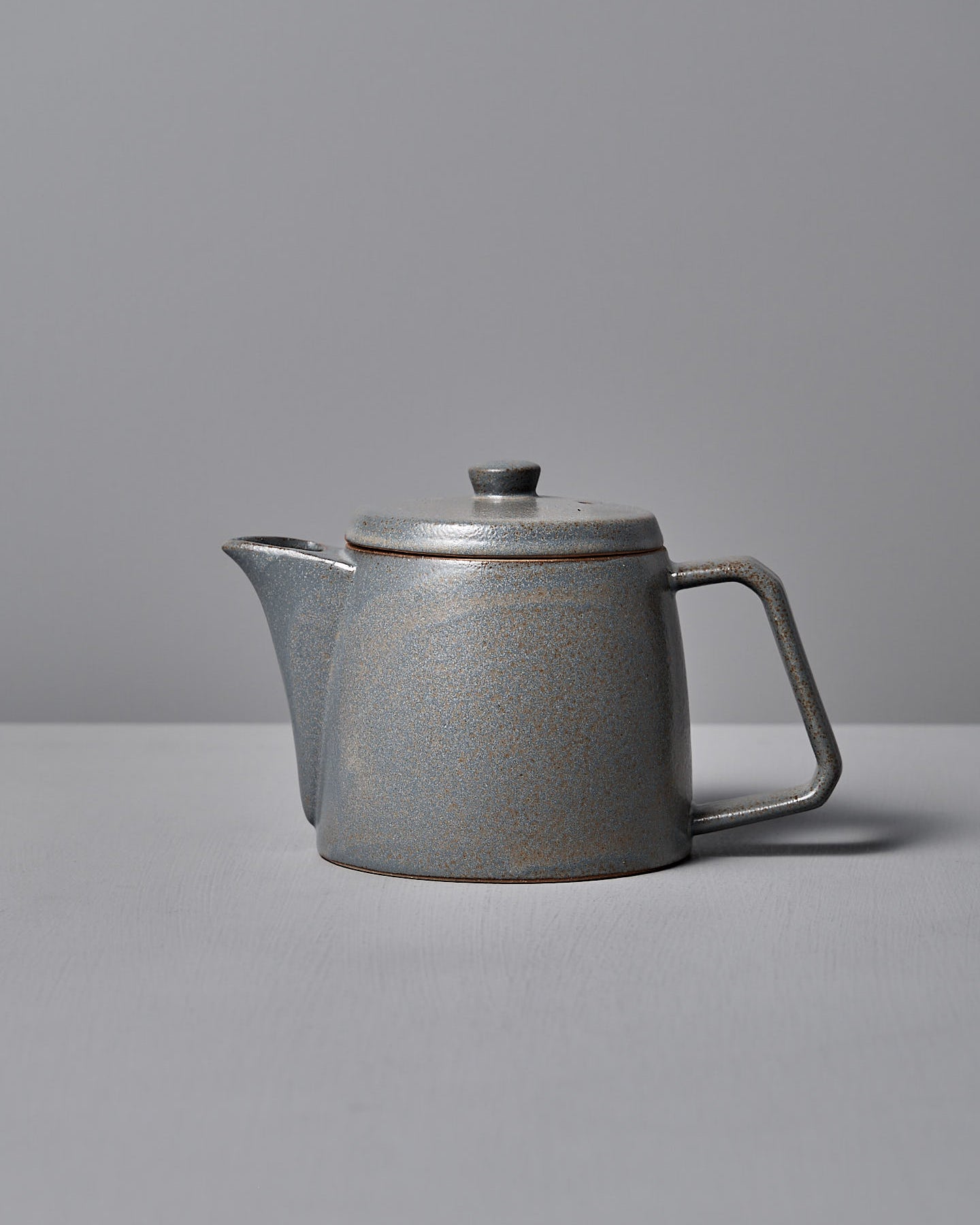 The Mino-yaki Teapot (2 Cup) – Grey by CHIPS Inc., featuring a lid and handle, rests beside a metal mesh infuser, perfect for loose leaf tea, on a gray surface.