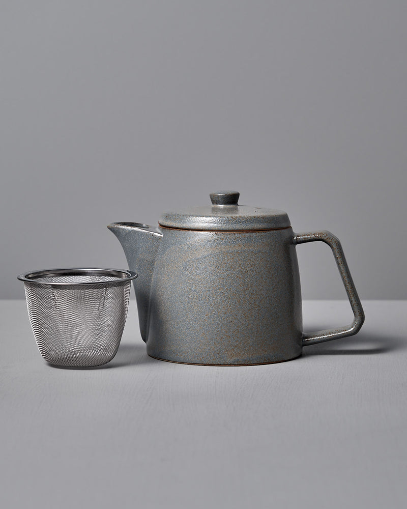 The Mino-yaki Teapot (2 Cup) – Grey by CHIPS Inc., featuring a lid and handle, rests beside a metal mesh infuser, perfect for loose leaf tea, on a gray surface.