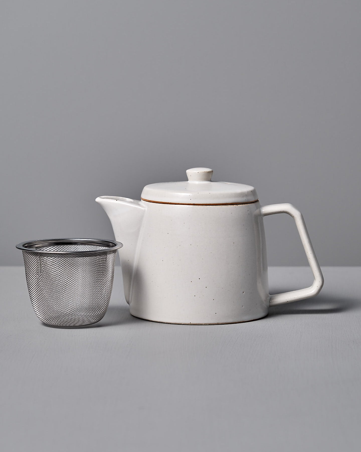 The CHIPS Inc. Mino-yaki Teapot (2 Cup) in white gracefully sits beside a metal infuser on a gray surface, ideal for savoring loose leaf tea.