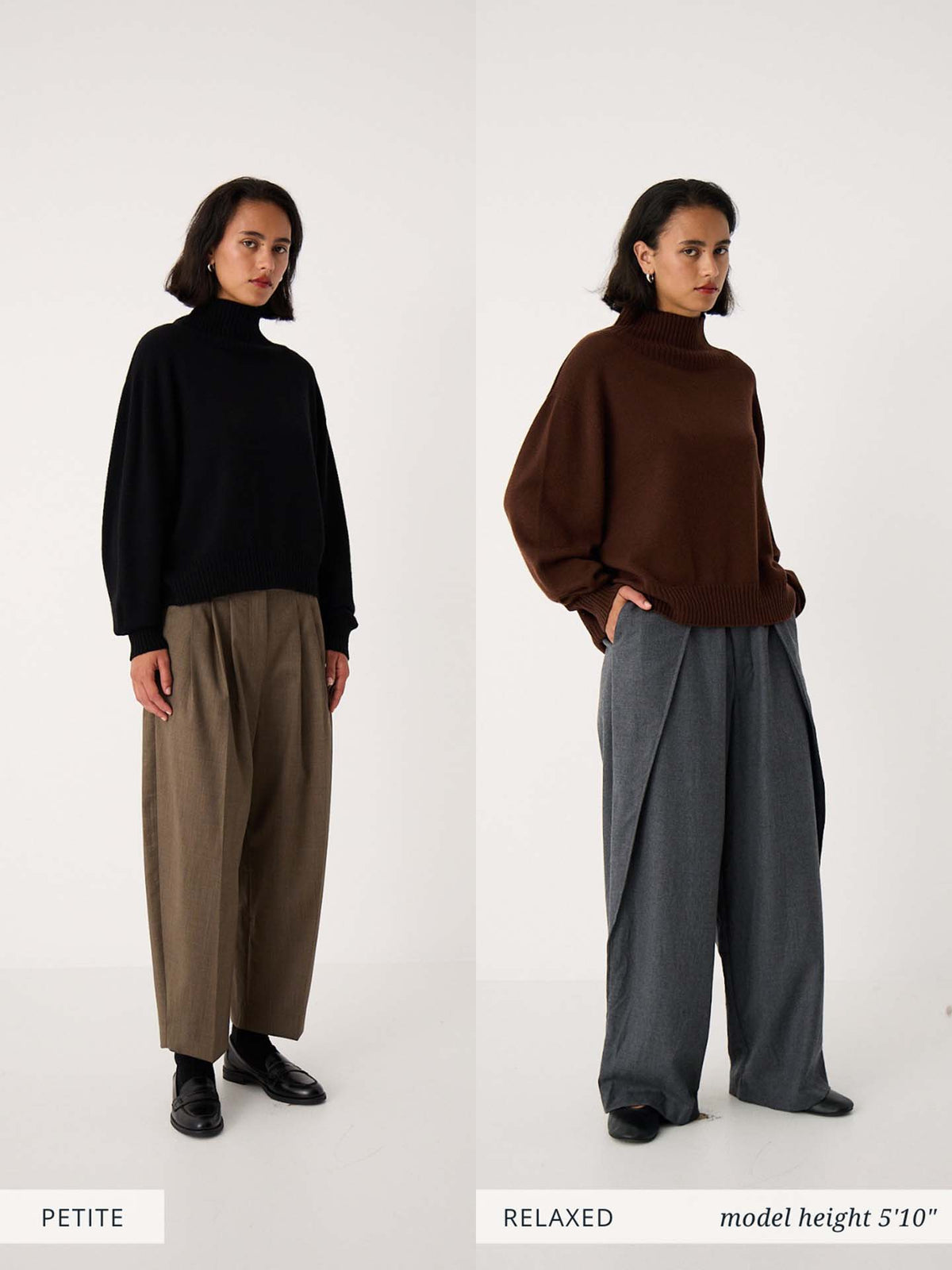 Two women stand side by side wearing the Albers Knit – Ink sweaters and wide-leg trousers; left labeled "Petite," right labeled "Relaxed" in an oversized Albers Knit – Ink, with model height 5'10" indicated.