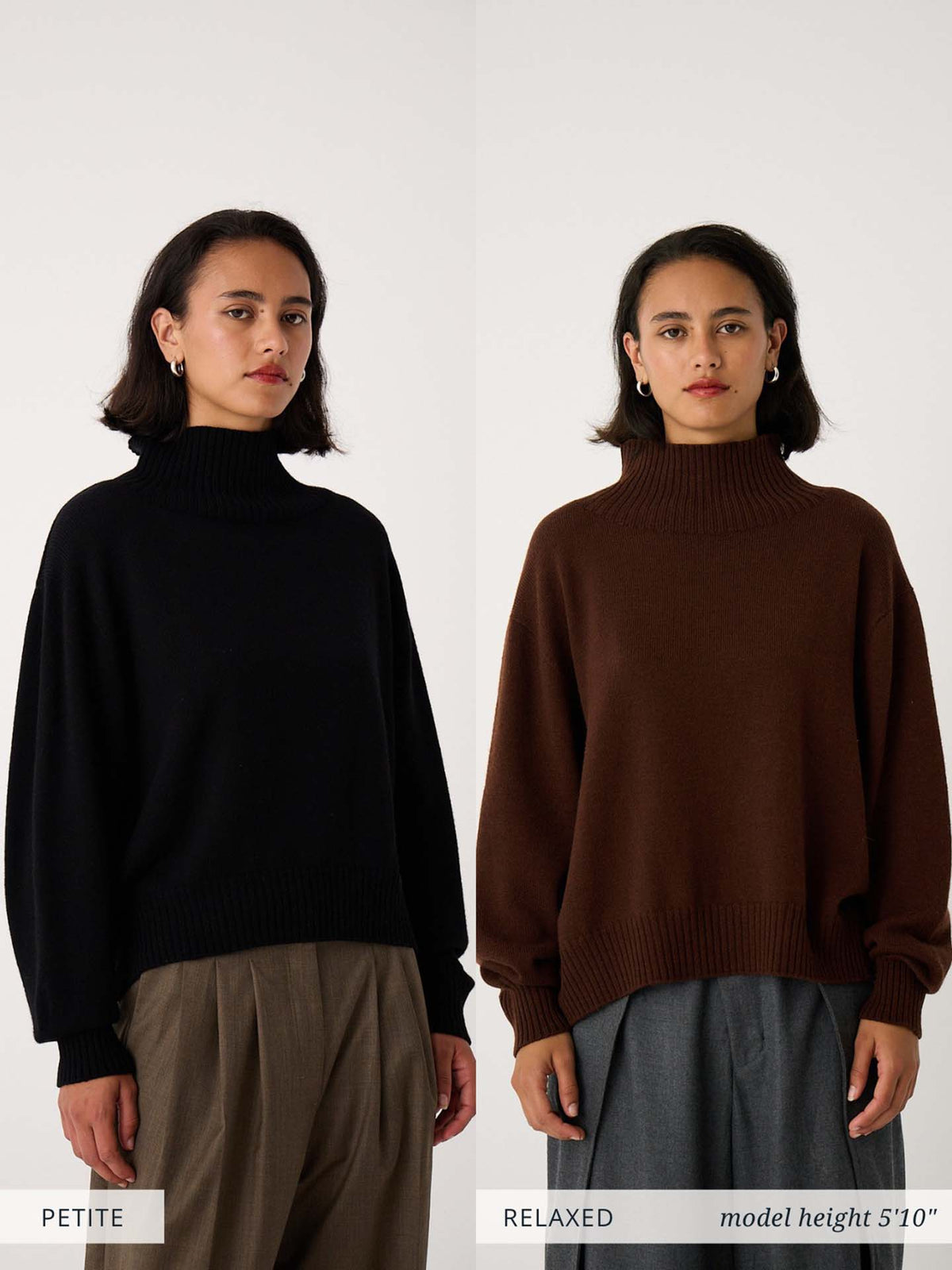 A woman in an oversized turtleneck sweater and gray pants stands on the left, while on the right, a woman wears the Albers Knit – Ink with blue pants. Both are posed against a plain background.