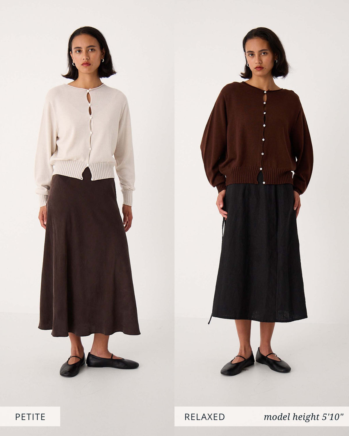 Side-by-side comparison of a woman wearing the same skirt and cardigan in two different fits: petite (cream top, brown skirt) and relaxed (brown top, black skirt), standing against a plain background.