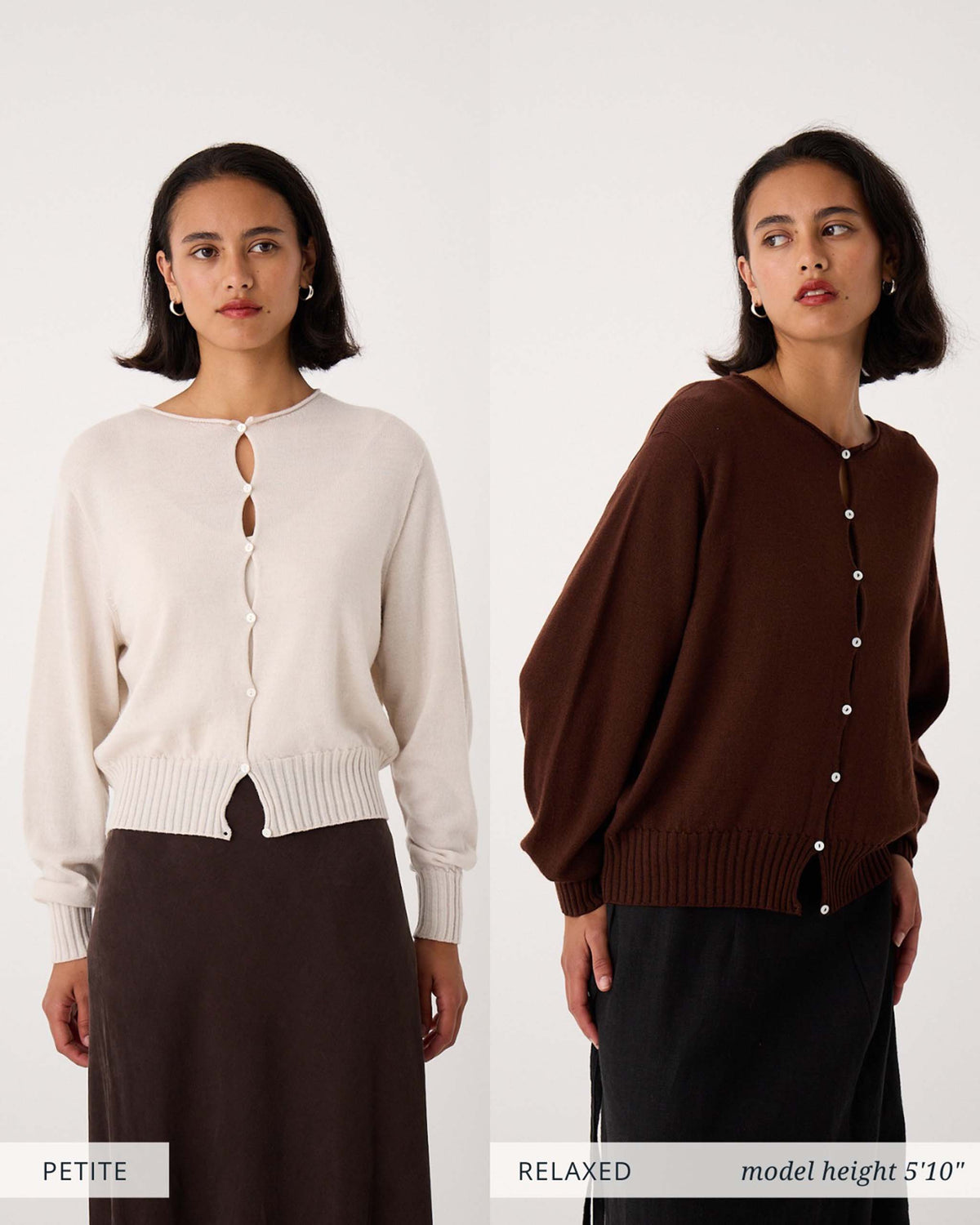 Two images show a woman wearing the same buttoned cardigan in different fits: petite in off-white on the left, relaxed in brown on the right. Both images have the same model against a plain background.