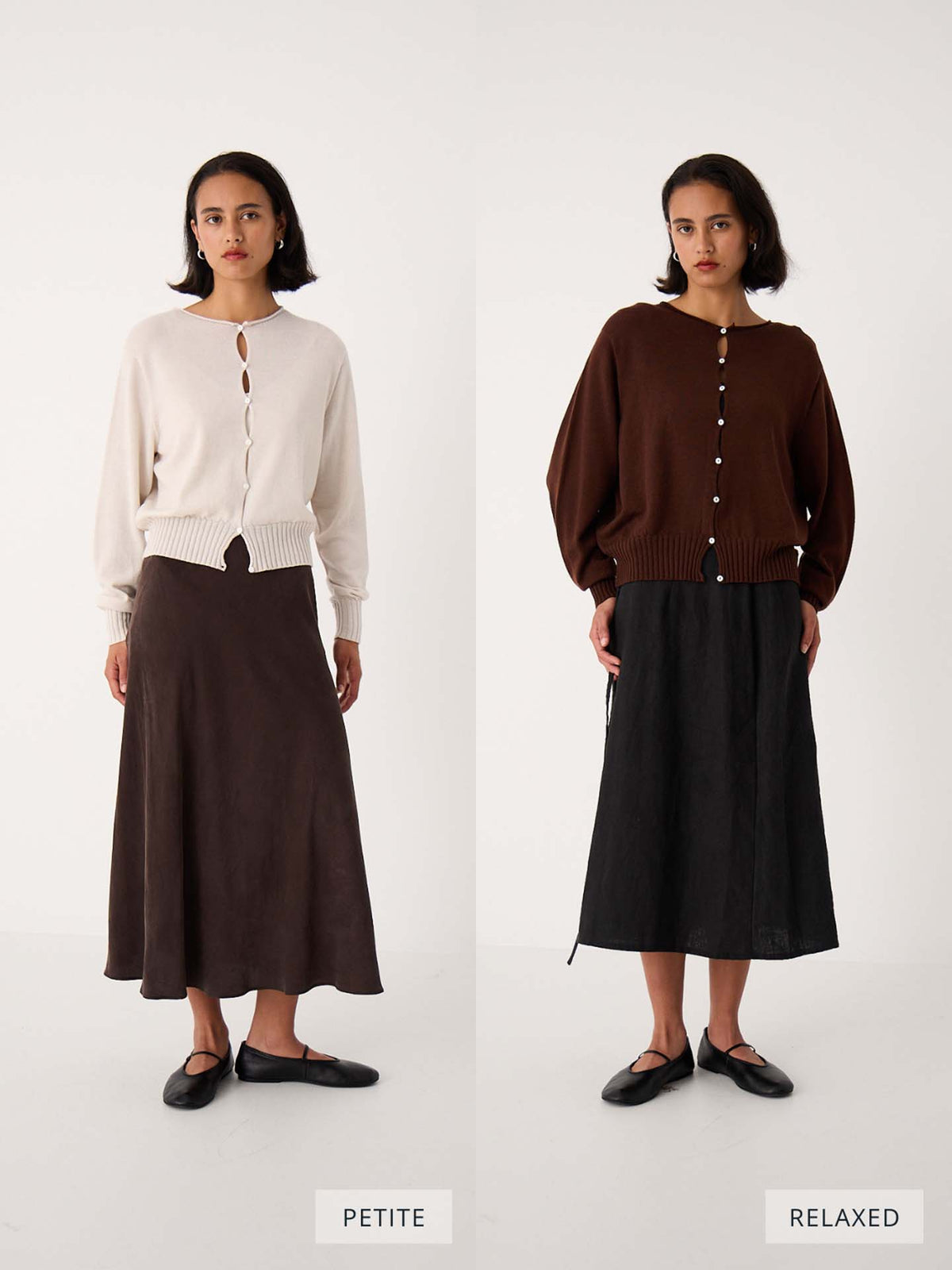 Split image of a woman modeling the Anni Cardigan – Malbec in two fits: "Petite fit" is styled with a fitted cream version and brown skirt, while "Relaxed fit" features a loose brown cardigan and black skirt.