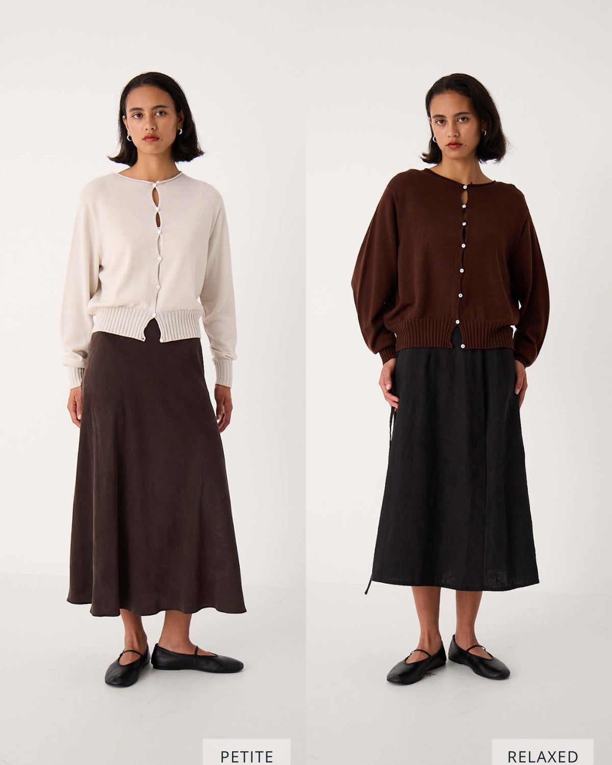 Split image of a woman modeling the Anni Cardigan – Malbec in two fits: "Petite fit" is styled with a fitted cream version and brown skirt, while "Relaxed fit" features a loose brown cardigan and black skirt.