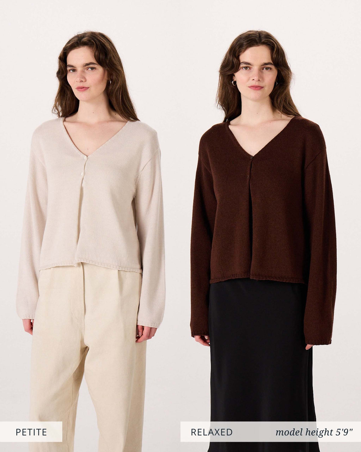 Two women stand side by side modeling V-neck cardigans, one in beige with cream pants labeled “PETITE,” and one in brown with a black skirt labeled “RELAXED.” Model height is 5’9”.