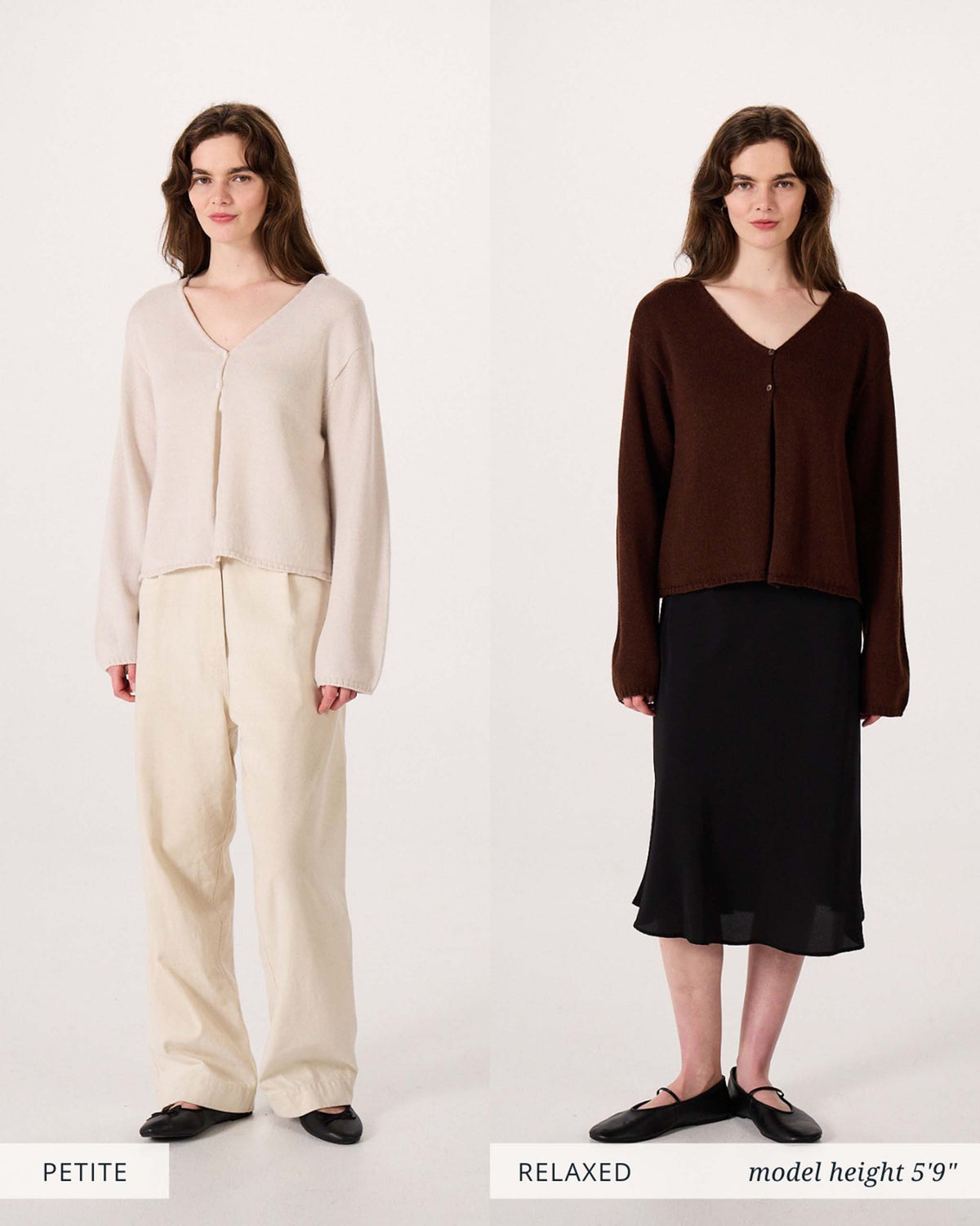 Two women stand side by side wearing similar cardigans in different colors; one pairs it with pants, the other with a skirt. Text labels indicate “Petite” and “Relaxed model height 5’9”.