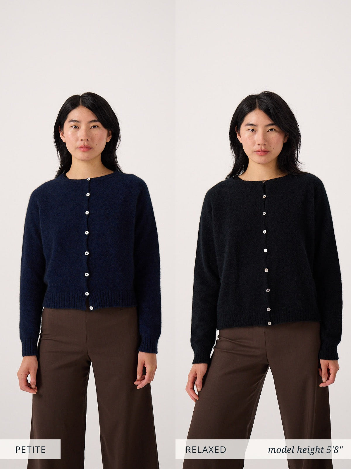 Split image of a woman (5'8") wearing the Dusk Cardigan – Truffle and brown pants in two styles: "petite fit" on the left, "relaxed fit" on the right.