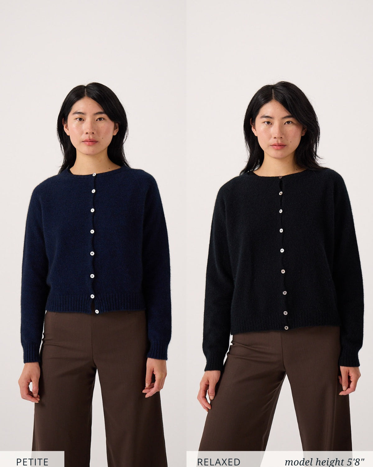 Split image of a woman (5'8") wearing the Dusk Cardigan – Truffle and brown pants in two styles: "petite fit" on the left, "relaxed fit" on the right.