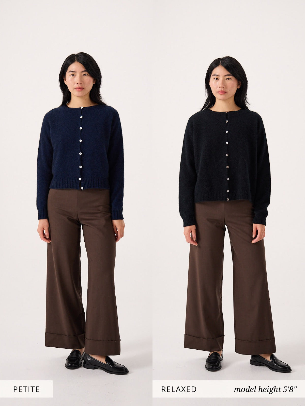 A woman wearing brown wide-leg pants and the Dusk Cardigan – Truffle stands against a white background; left image labeled "PETITE FIT," right image labeled "RELAXED FIT," model height 5'8". Highlights cropped style in versatile silhouettes.