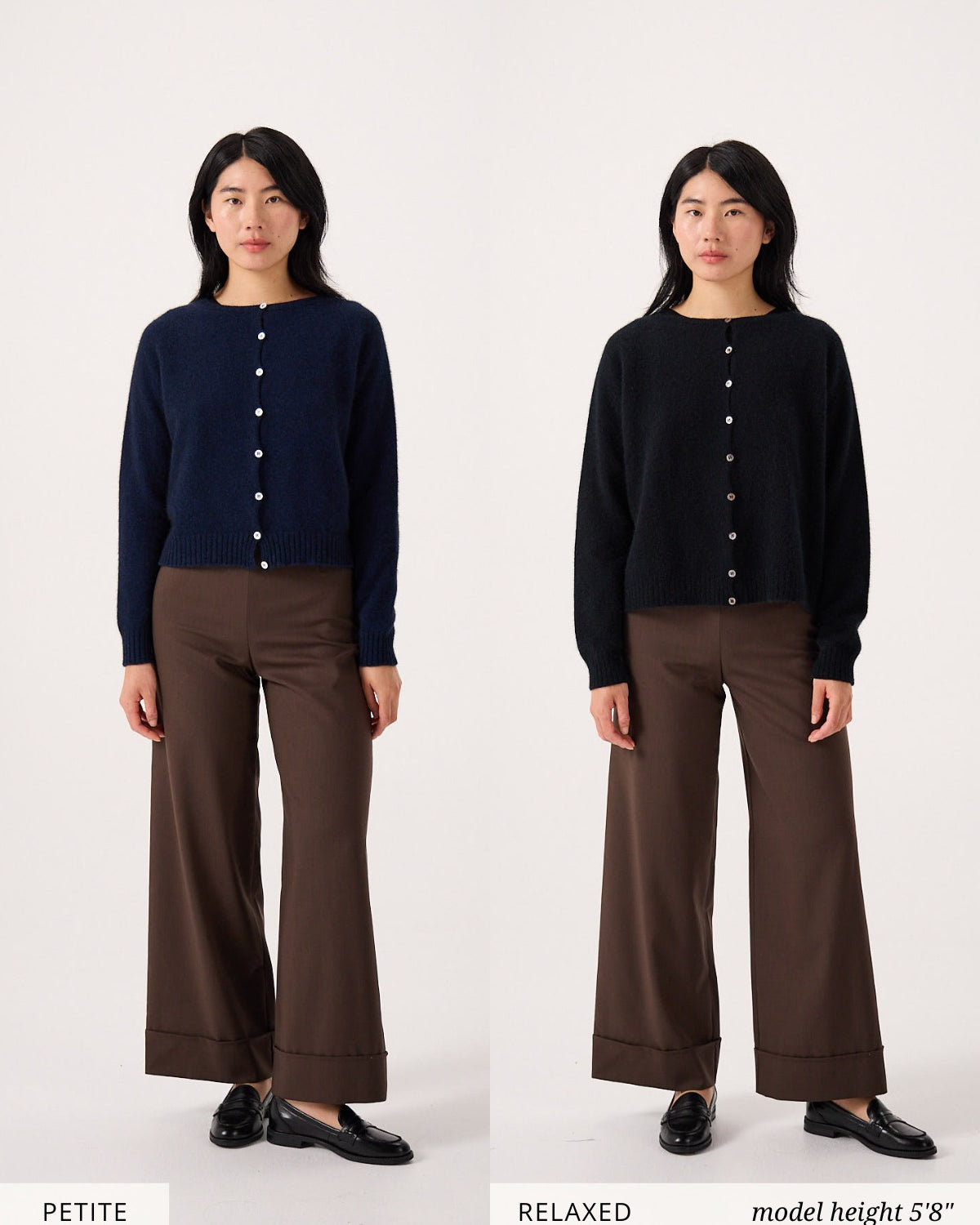 A woman wearing brown wide-leg pants and the Dusk Cardigan – Truffle stands against a white background; left image labeled "PETITE FIT," right image labeled "RELAXED FIT," model height 5'8". Highlights cropped style in versatile silhouettes.