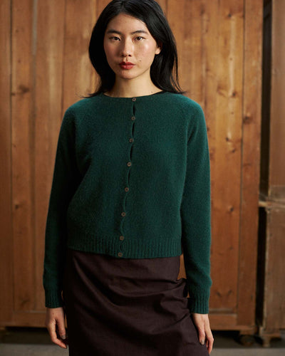 A woman with long dark hair stands indoors by a wooden wall, wearing the Dusk Cardigan in Verdant Green—a relaxed-fit, buttoned sweater—paired with a dark skirt.