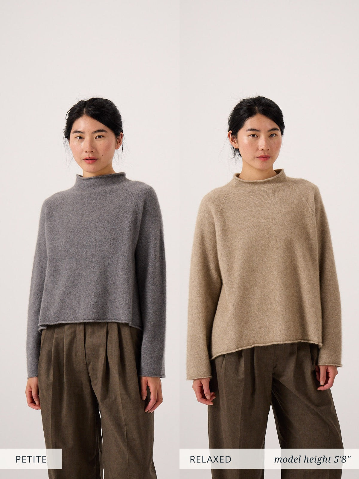 Side-by-side comparison of a woman wearing the Eclipse Knit – Natural sweater in two fits: petite fit (gray) on the left and relaxed fit (beige) on the right; model is 5’8”.