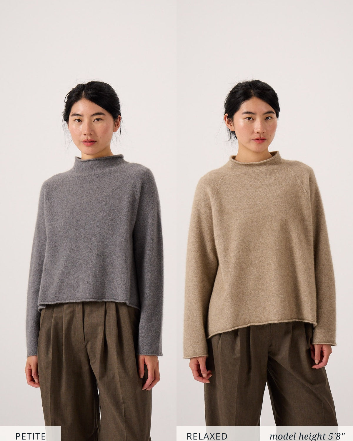 Side-by-side comparison of a woman wearing the Eclipse Knit – Natural sweater in two fits: petite fit (gray) on the left and relaxed fit (beige) on the right; model is 5’8”.
