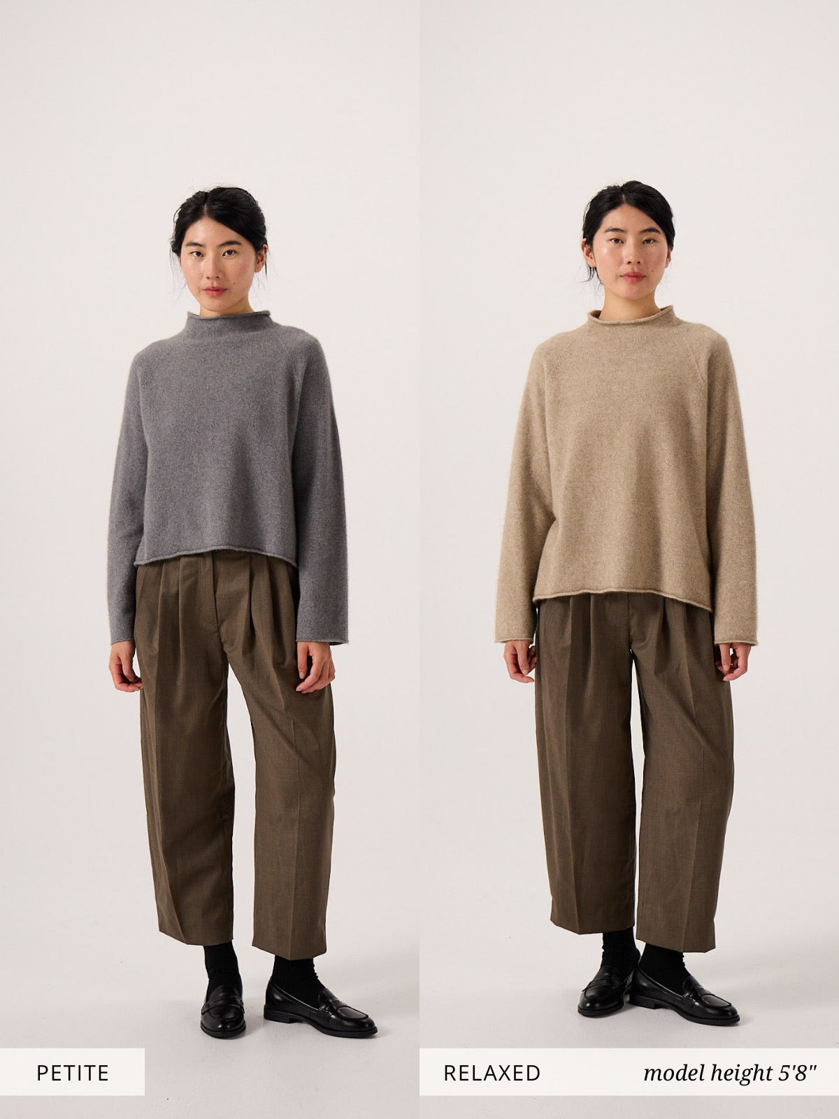 Side-by-side comparison of a woman in the Eclipse Knit – Natural sweater (relaxed fit) and a gray sweater (petite fit), both styled with brown pants and black shoes for a versatile look.